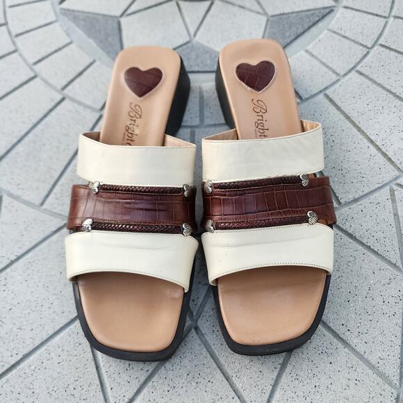Brighton Billie Brown & Beige Open Toe Slide Leather Sandals 7.5 - Picture 3 of 9